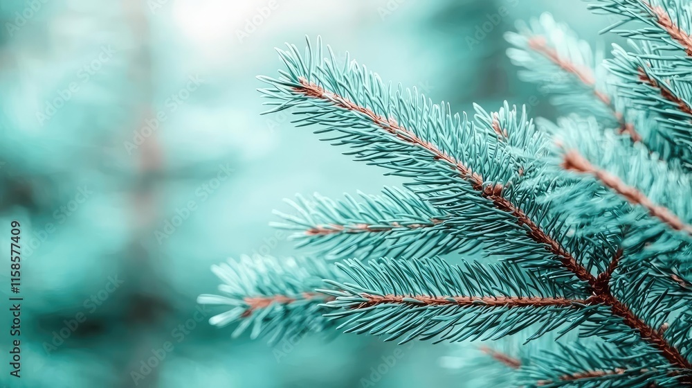 Poster Pine tree abstract background idea. Close-up of vibrant green pine tree needles with a soft blurred background.