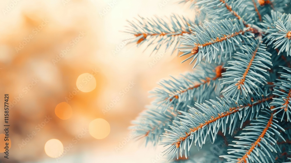 Poster Pine tree abstract background idea. Close-up of a frost-covered evergreen branch with warm bokeh lights in the background.