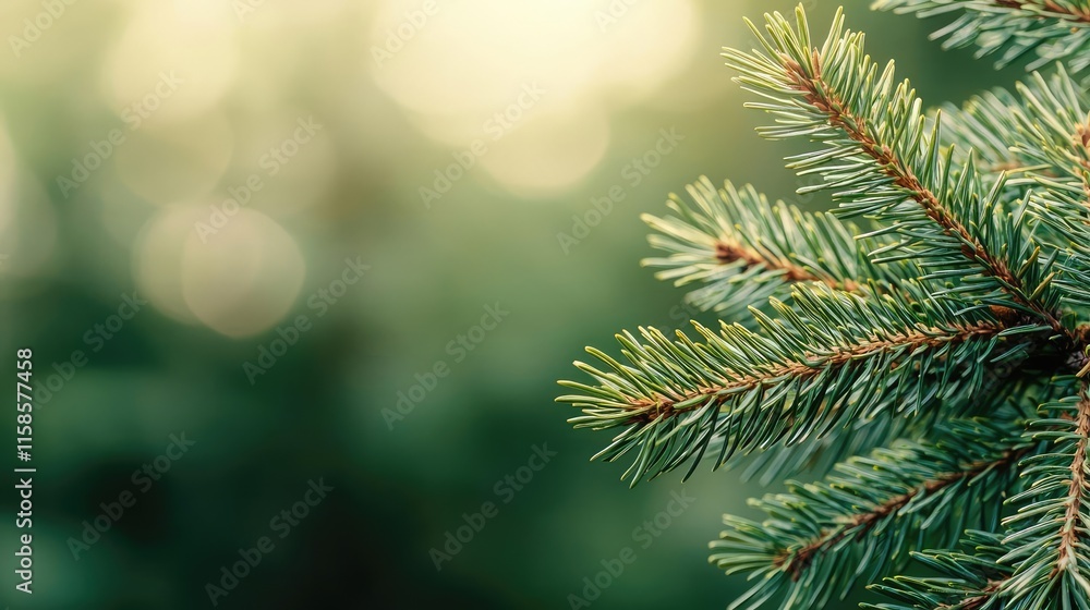 Poster Pine tree abstract background idea. Close-up of lush pine tree branches with soft green background bokeh effect.