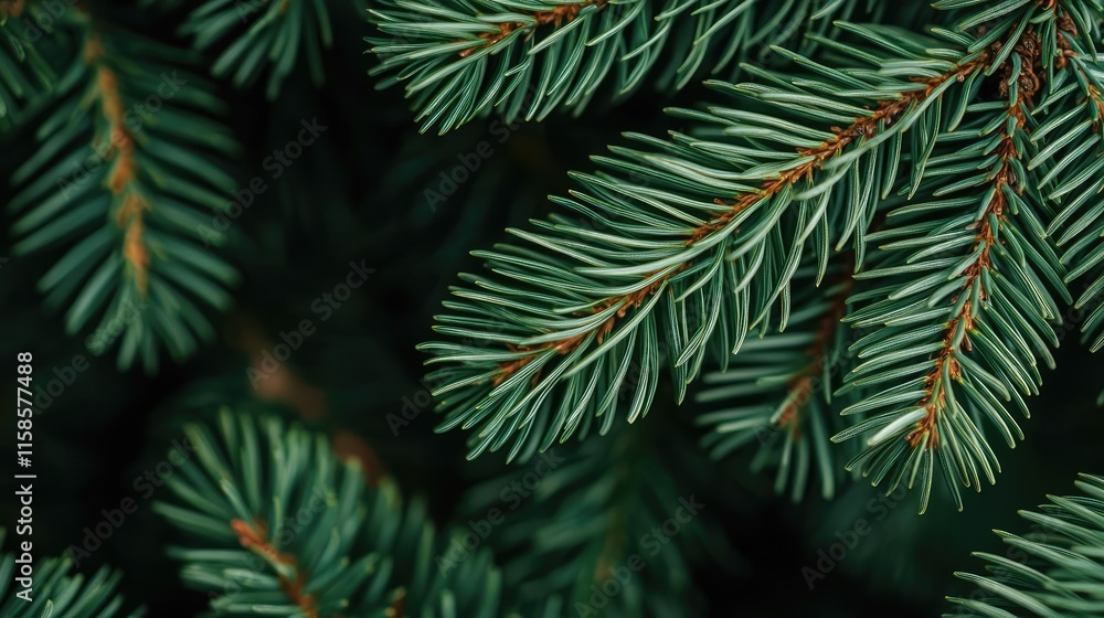 Poster Pine tree abstract background idea. Close-up view of lush green pine tree branches showcasing vibrant needle leaves.