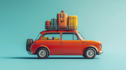 Retro car packed with luggage and beach gear on the roof, ready for a summer road trip.