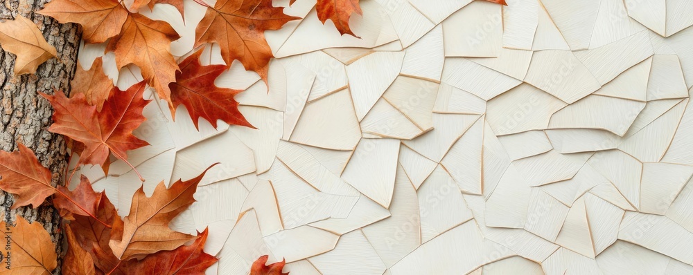 Poster plane tree abstract background idea. colorful autumn leaves scattered on a textured white background