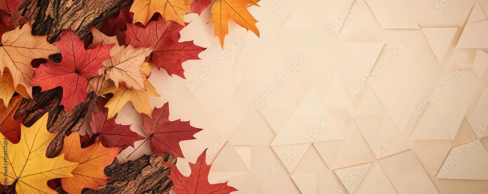Poster plane tree abstract background idea. colorful autumn leaves arranged artfully on a light textured ba