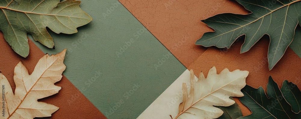 Poster plane tree abstract background idea. aesthetic flat lay with green and brown leaves on a textured ba