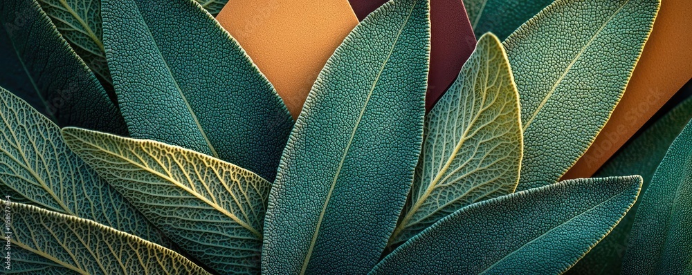 Poster sage leaves abstract background concept. vibrant close-up of lush green leaves with intricate textur