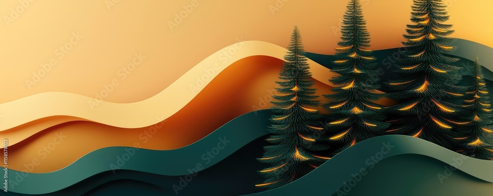 Poster pine tree abstract background idea. abstract landscape with layered hills and silhouette of pine tre