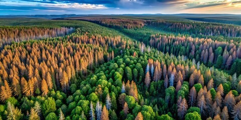 Fototapeta premium Aerial Wide-Angle View: Silkworm Infestation in Coniferous Forest - Devastated Pine Trees Drone Photography
