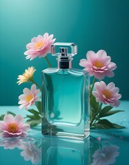 Minimal perfume bottle and flowers all over the set, top light on top of a backaround with water, saturation color scheme, bright light glass refraction, motled shading, studo lighfing, contrast high 
