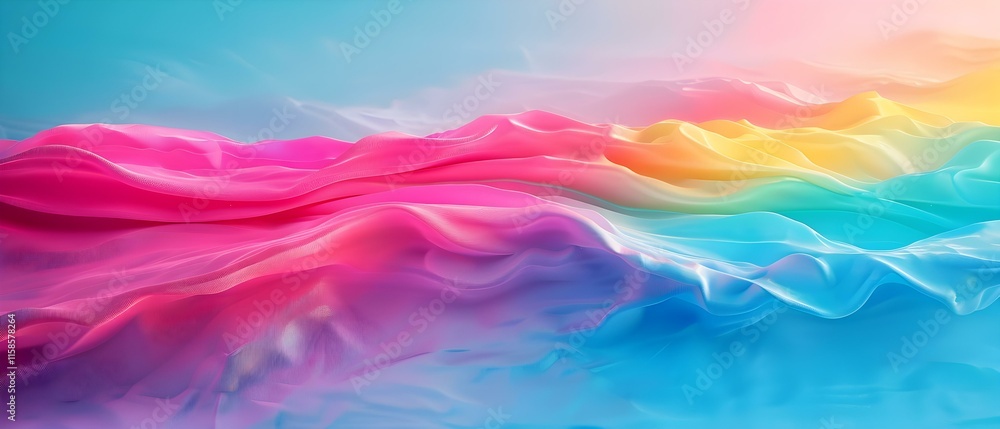 Poster abstract waves of colorful silk fabric flowing smoothly across a soft blue background in an artistic