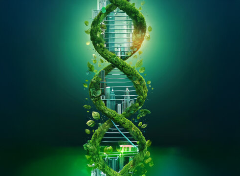 A futuristic cityscape intertwined with a DNA helix, lush greenery enveloping the urban structure, symbolizing sustainable development and ecological harmony.