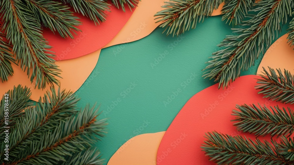 Poster Pine tree abstract background idea. Vibrant green pine branches on colorful paper backgrounds create a festive atmosphere.