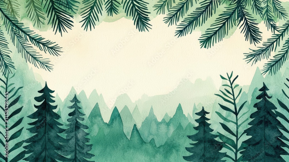 Poster pine tree abstract background idea. serene forest landscape with lush green trees and misty mountain