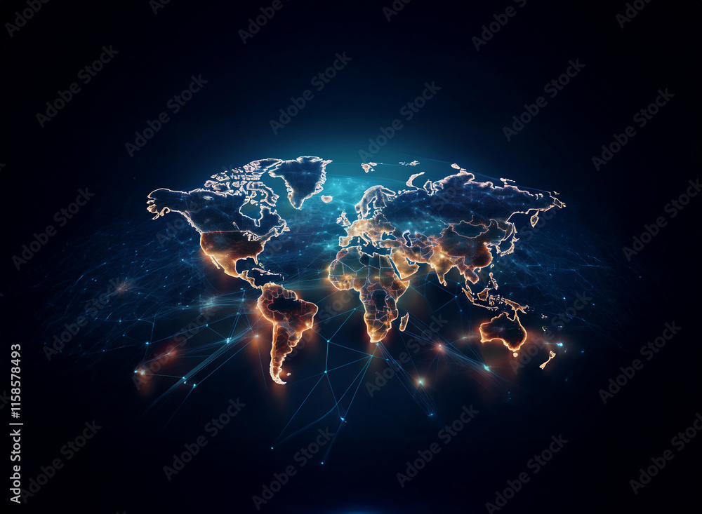 Poster a glowing, digital world map illuminates the darkness, showcasing interconnected nodes representing 