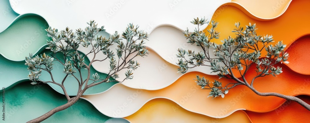 Poster Plane tree abstract background idea. Stylish abstract design featuring olive branches on colorful wavy backgrounds.