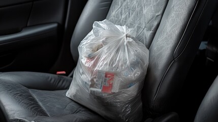 Garbage Bag on Car Seat Inside a Vehicle Ready for Disposal