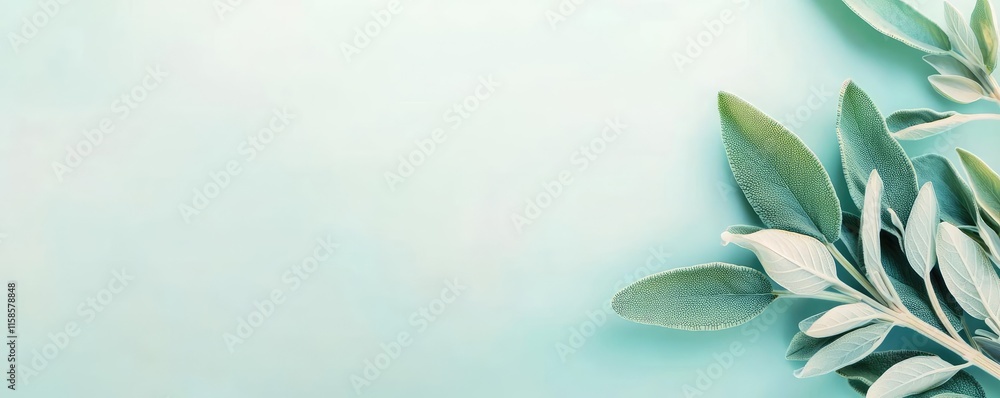 Poster sage leaves abstract background concept. elegant green leaves on a soft pastel background for a fres