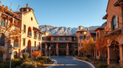 Fototapeta premium A picturesque courtyard with colorful autumn foliage and charming architecture, framed by majestic mountains under a clear blue sky.