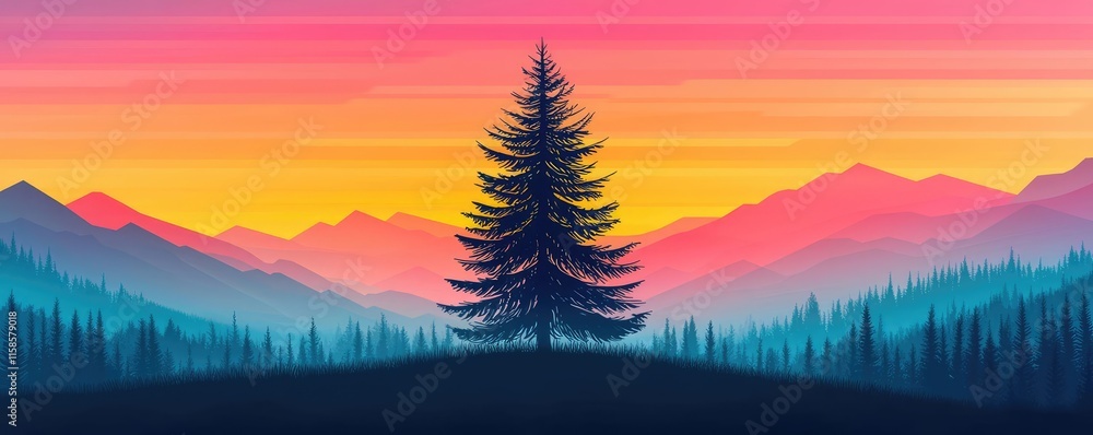 Poster pine tree abstract background idea. breathtaking sunset landscape featuring a silhouetted tree again