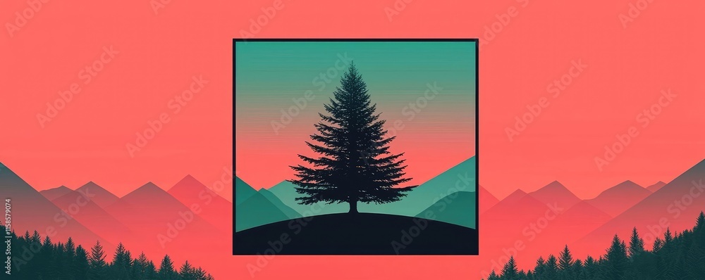 Poster pine tree abstract background idea. a stunning silhouette of a pine tree against a vibrant mountain 