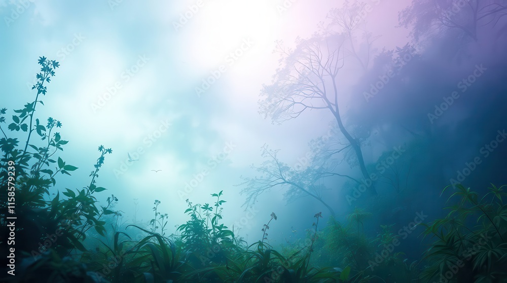 Poster a misty forest scene with soft, ethereal light filtering through the trees, creating a tranquil and 