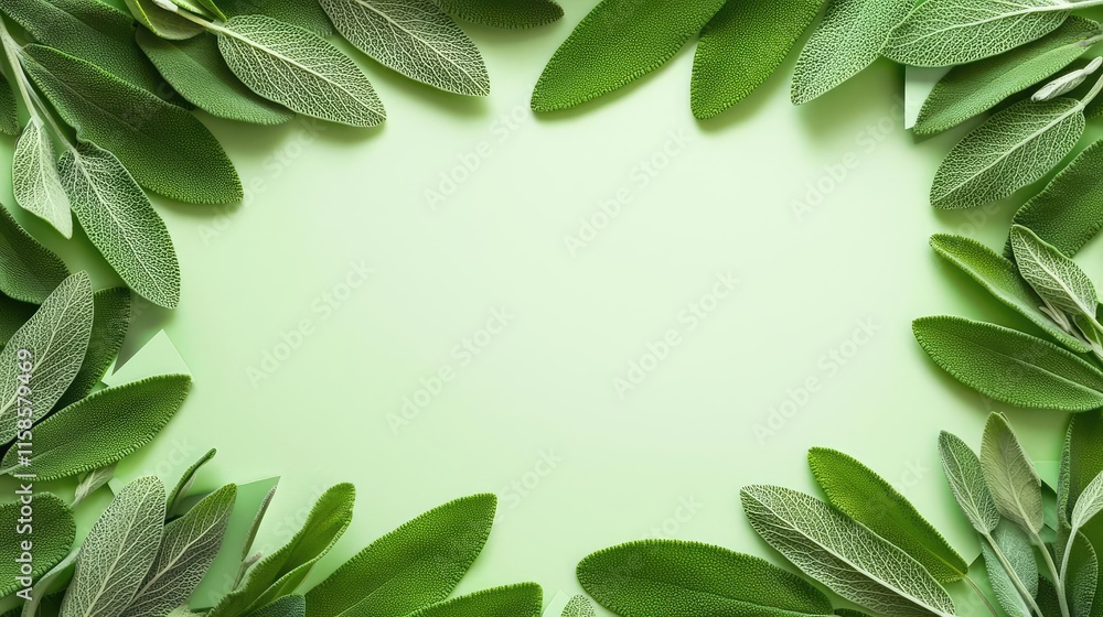 Poster Sage leaves abstract background concept. Fresh green leaves creating a natural frame on a soft green background.