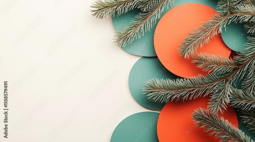 Poster Pine tree abstract background idea. Festive arrangement of circular shapes and pine branches on a plain background.