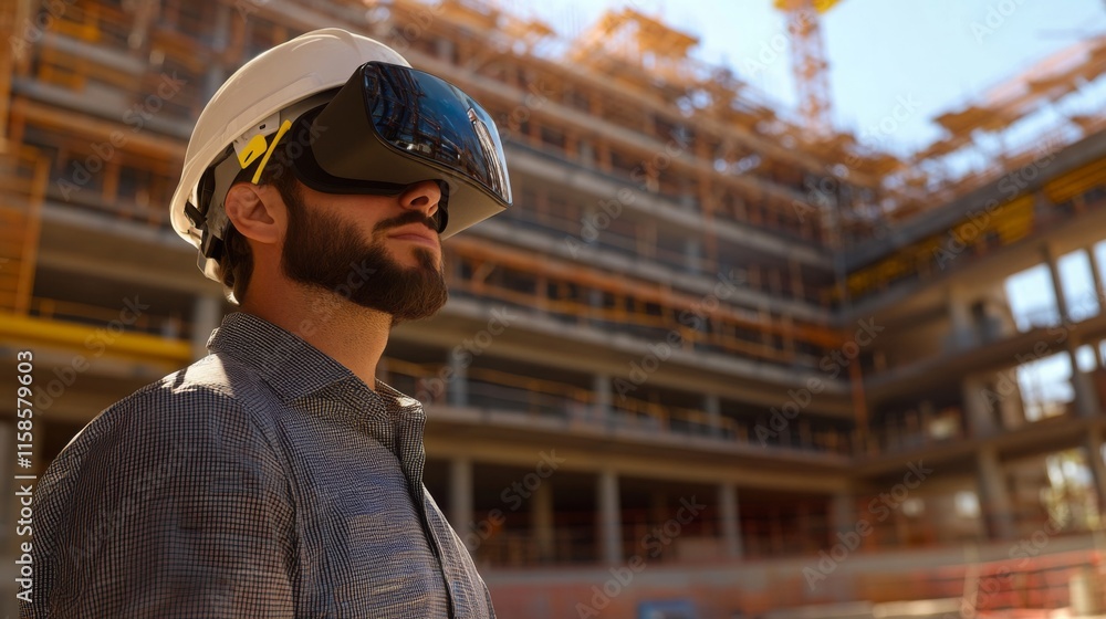 Aufkleber a man wears a virtual reality headset while standing at a construction site.