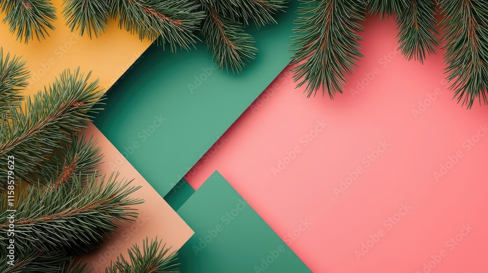 Aufkleber pine tree abstract background idea. colorful arrangement of paper sheets with pine branches for fest