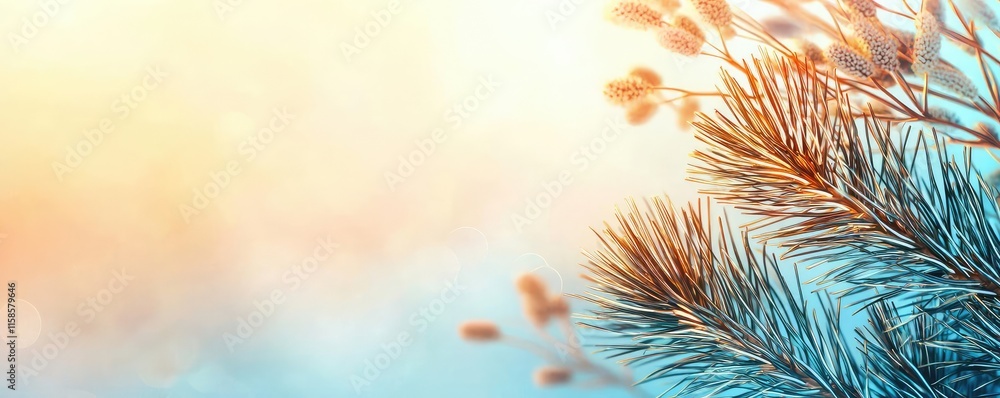 Poster Pine tree abstract background idea. Close-up of pine branches with a soft, dreamy background of warm colors.