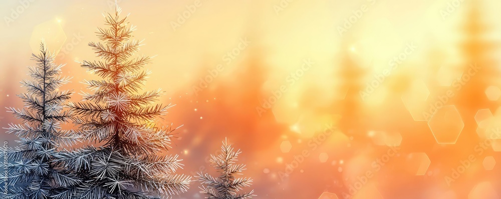 Poster pine tree abstract background idea. a serene winter landscape with snow-covered trees and a warm, gl