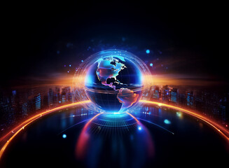 Obraz premium A vibrant, futuristic depiction of Earth encircled by glowing rings, set against a backdrop of a futuristic cityscape. The planet is detailed, with a focus on North and South America. The overall eff