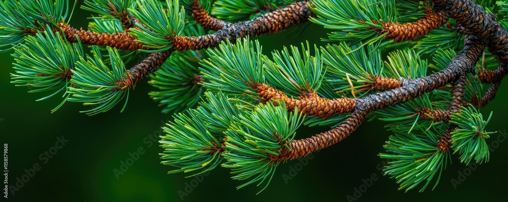 Poster pine tree abstract background idea. close-up of a pine branch showcasing vibrant green needles and t