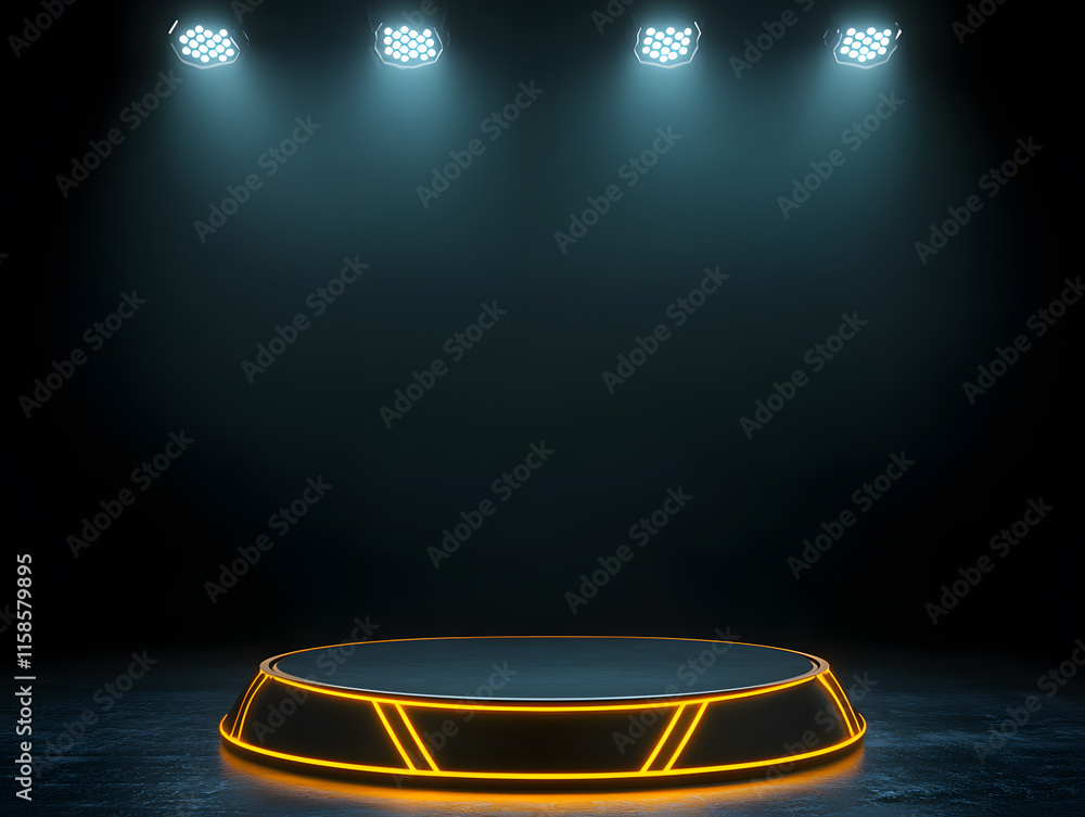 Aufkleber illuminated stage setup dark studio 3d render modern design low angle performance concept