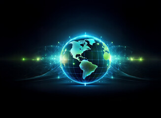A glowing digital globe, encircled by vibrant energy streams and grid lines, symbolizes global connectivity and technological advancement.  The dark background emphasizes the futuristic element.