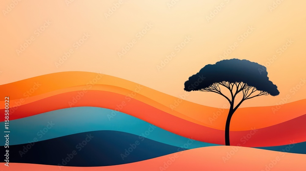 Poster plane tree abstract background idea. a serene landscape showcasing a silhouette of a tree against vi