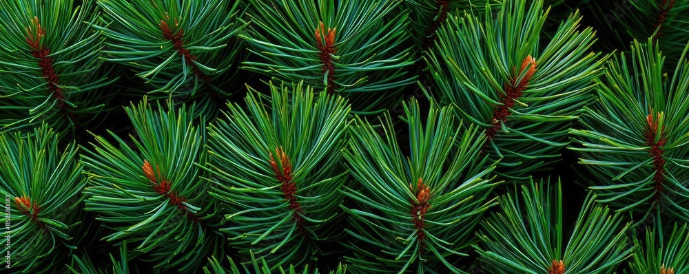 Poster Pine tree abstract background idea. Close-up view of lush green pine needles, showcasing their texture and vibrant color.