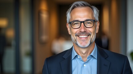 Fototapeta premium Confident businessman smiles, radiating success and professionalism. A portrait showcasing ambition and achievement.