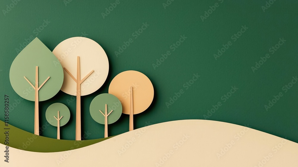 Poster plane tree abstract background idea. stylized paper trees and hills create a serene natural landscap