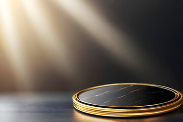 Elegant black marble platform display with golden edges studio setting product presentation minimalist aesthetic