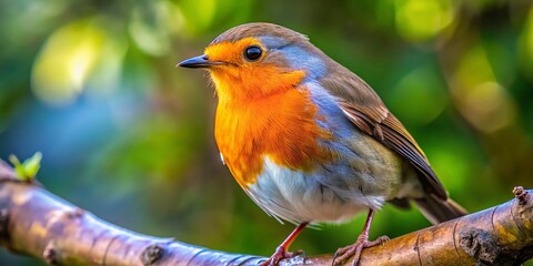 Fototapeta premium Macro Photography: Robin Bird on Branch, Close-up View of Wild Bird