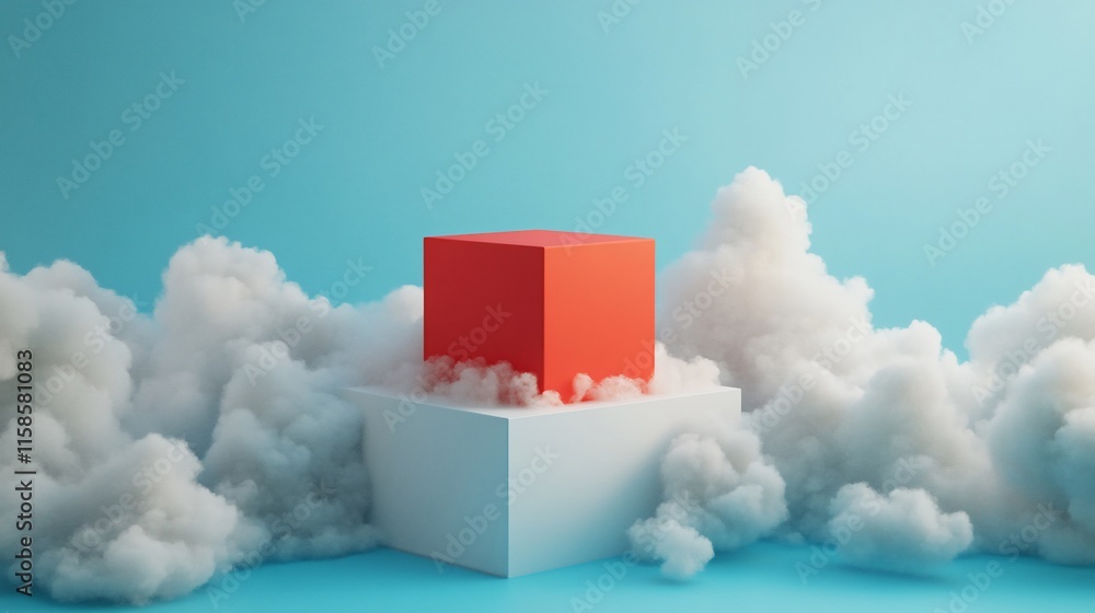 Poster red cube on white platform in clouds.