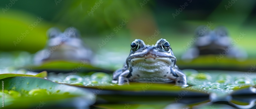 Poster close-up view of frogs resting on green lily pads in a calm natural environment with water droplets
