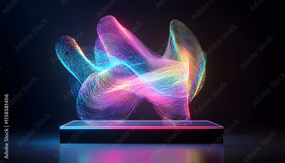 Poster dynamic abstract light sculpture digital art studio 3d visualization dark environment close-up view 