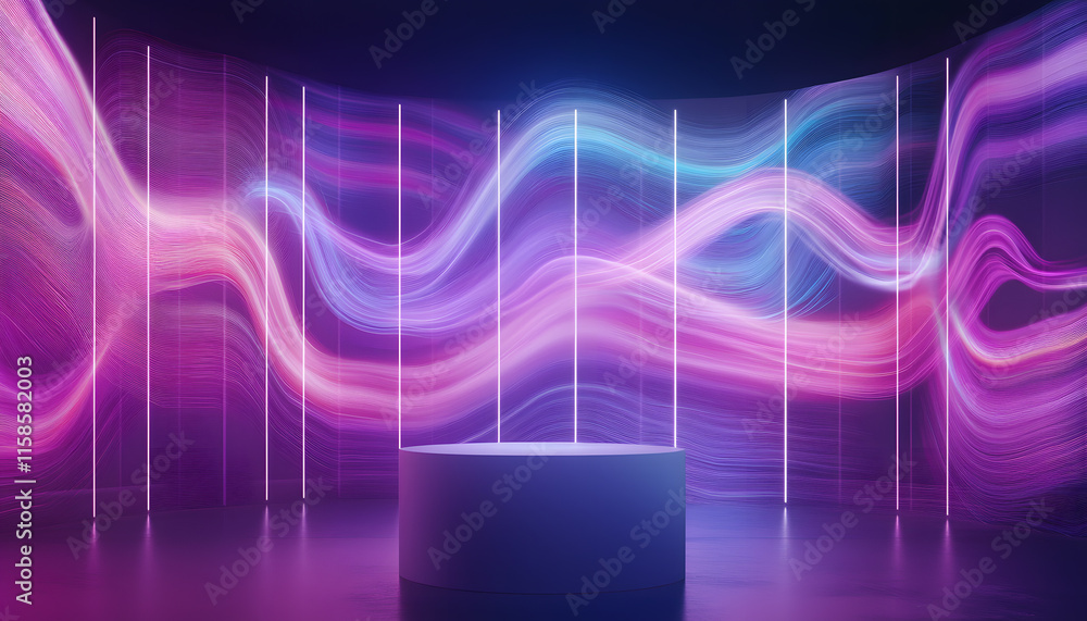 Poster dynamic light waves showcase modern exhibition space digital art display futuristic environment abst