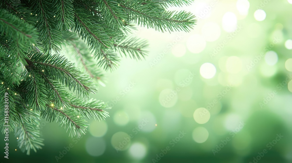 Poster Pine tree abstract background idea. Close-up of fresh green evergreen foliage with dreamy bokeh background for tranquility.