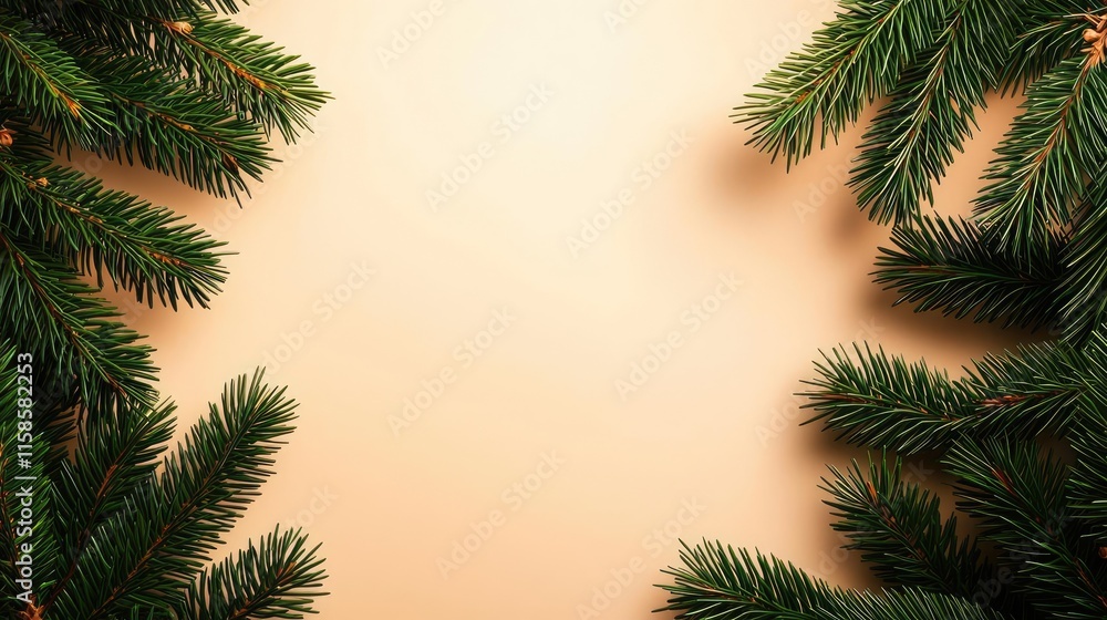 Poster Pine tree abstract background idea. Elegant pine branches frame a soft textured background, perfect for holiday designs.