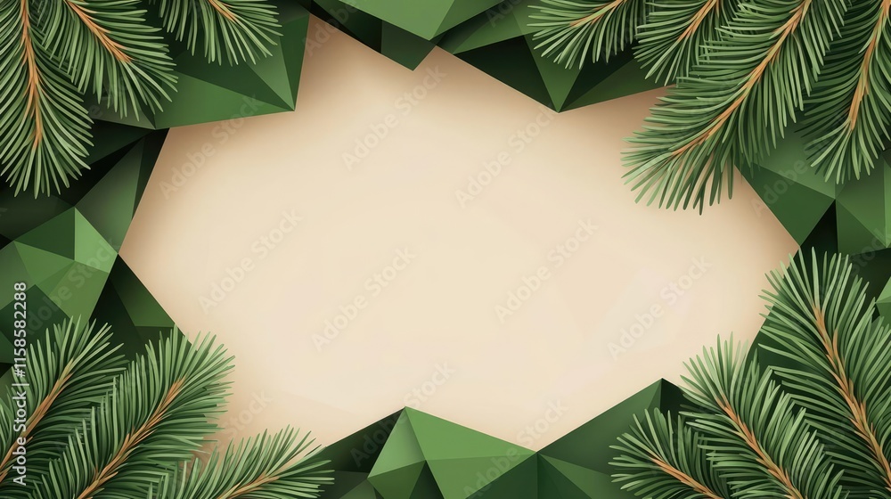 Poster Pine tree abstract background idea. Nature-inspired geometric frame featuring green pine leaves and a blank center.