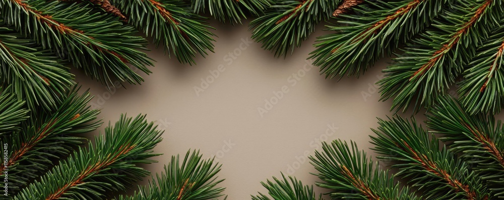 Aufkleber pine tree abstract background idea. beautiful green pine branches frame a neutral background, perfec