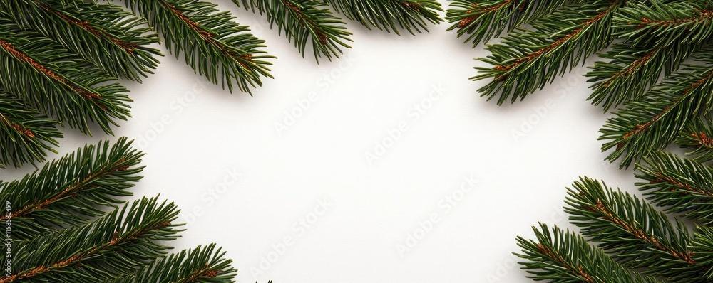 Poster Pine tree abstract background idea. A minimalistic layout of evergreen branches framing a blank white space.
