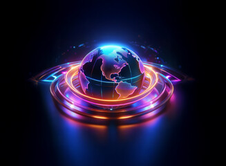 A glowing, futuristic globe encircled by vibrant neon rings, suggesting global connectivity and technological advancement.  The dark background enhances the luminescence.